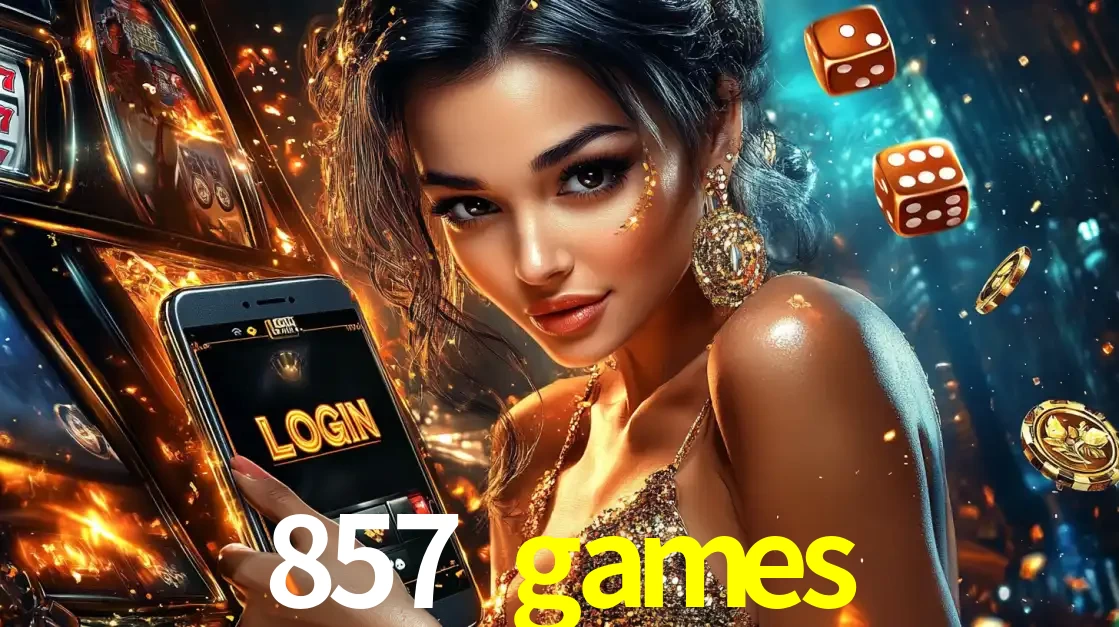 Mulher glamourosa segurando um celular com a tela de login do cassino 857 games, rodeada por dados e moedas douradas, pronta para começar a diversão.