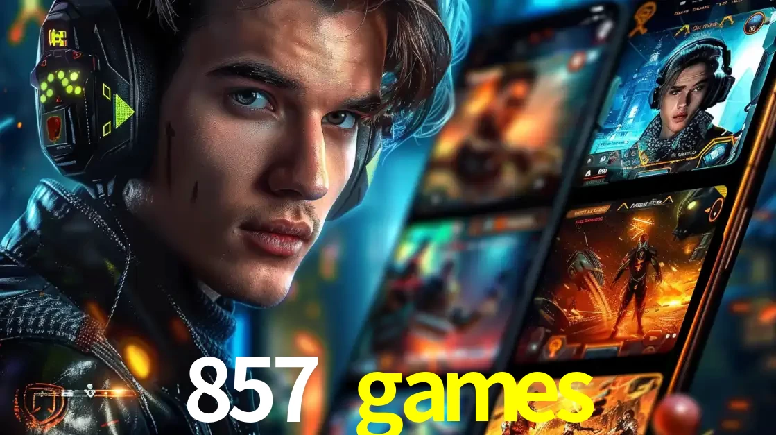 Jovem jogador com fones de ouvido olhando para a câmera, com um aplicativo de jogos e e-sports para celular ao fundo, pronto para a competição e apostas no 857 games.