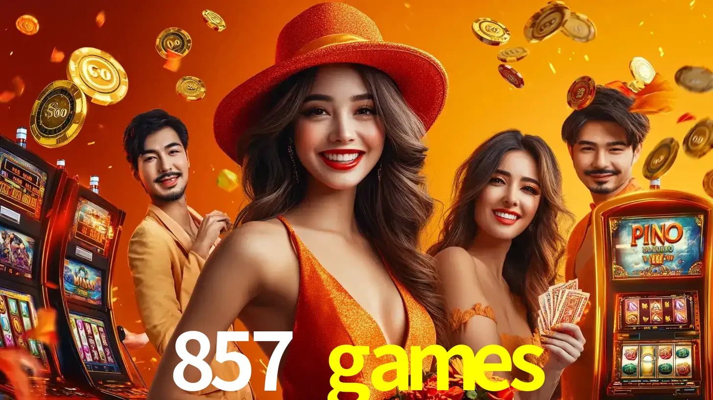 Grupo de amigos asiáticos sorrindo e se divertindo com máquinas de caça-níqueis em um ambiente festivo, celebrando suas vitórias nos jogos de cassino do 857 games.