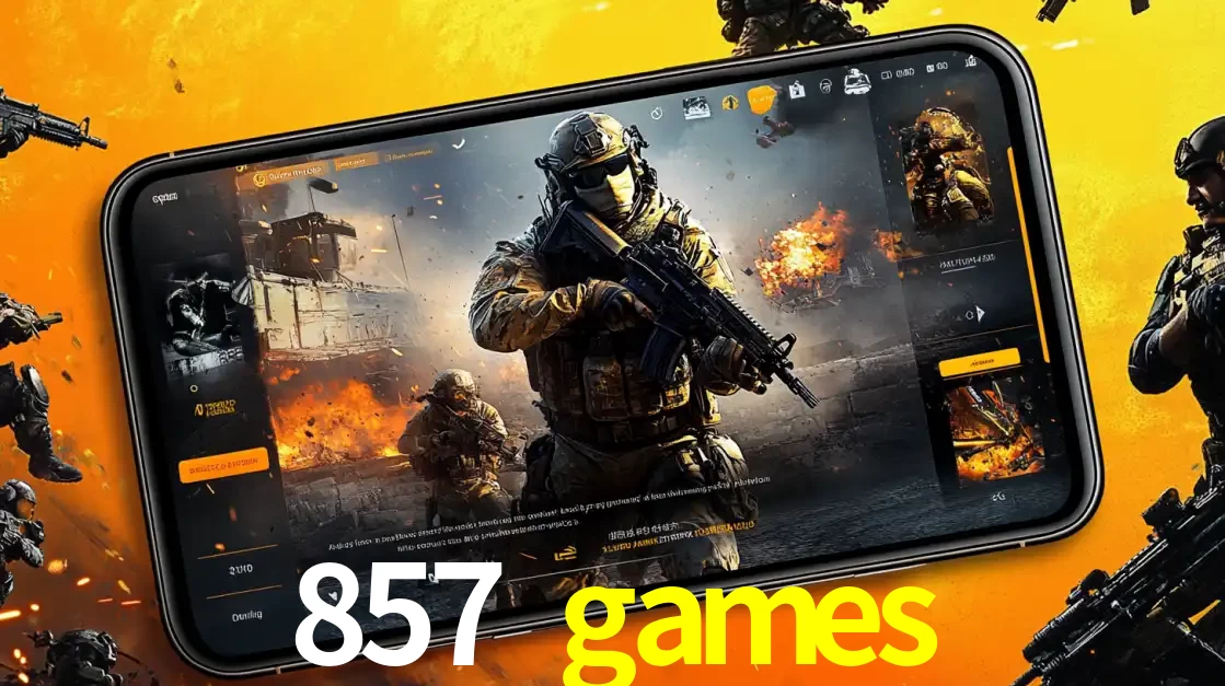 Um smartphone exibindo a interface de um jogo de tiro em primeira pessoa, com um soldado em um cenário de batalha, representando a ação dos e-sports para apostar no 857 games.
