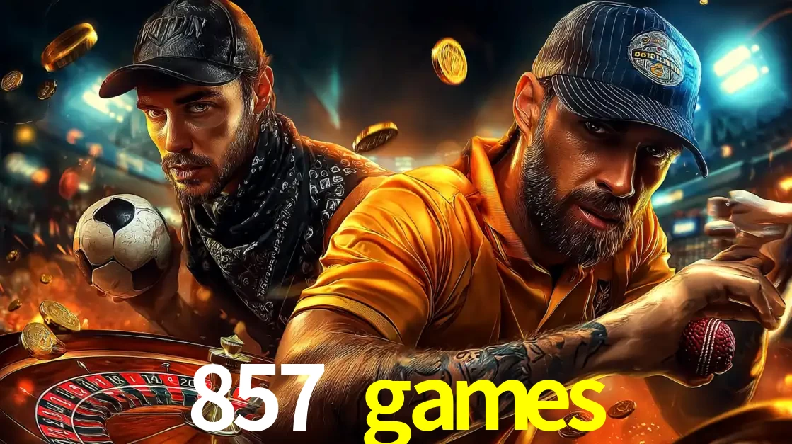 Montagem de apostas esportivas e cassino no 857 games, com um homem segurando uma bola de futebol e outro uma de beisebol sobre uma roleta e moedas voadoras.