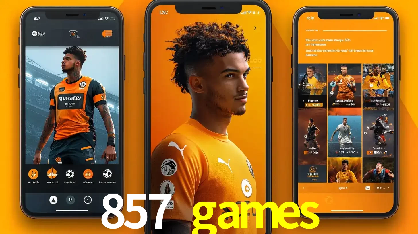Interface do aplicativo de apostas esportivas 857 games em três telas de celular, mostrando o perfil de um jogador de futebol e a lista de jogos disponíveis para apostar.