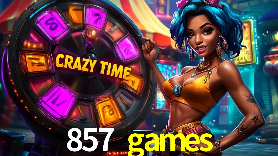 Mulher estilizada com cabelo azul e visual vibrante posando ao lado da roda de prêmios do game show Crazy Time, convidando para a diversão e os bônus do cassino 857 games.