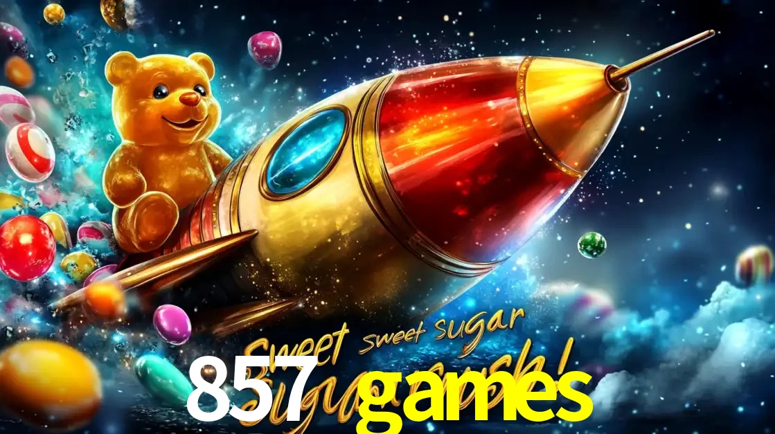 Arte promocional do jogo de slot Sugar Rush, com um urso de pelúcia em um foguete viajando pelo espaço de doces, um dos jogos divertidos disponíveis no cassino 857 games.