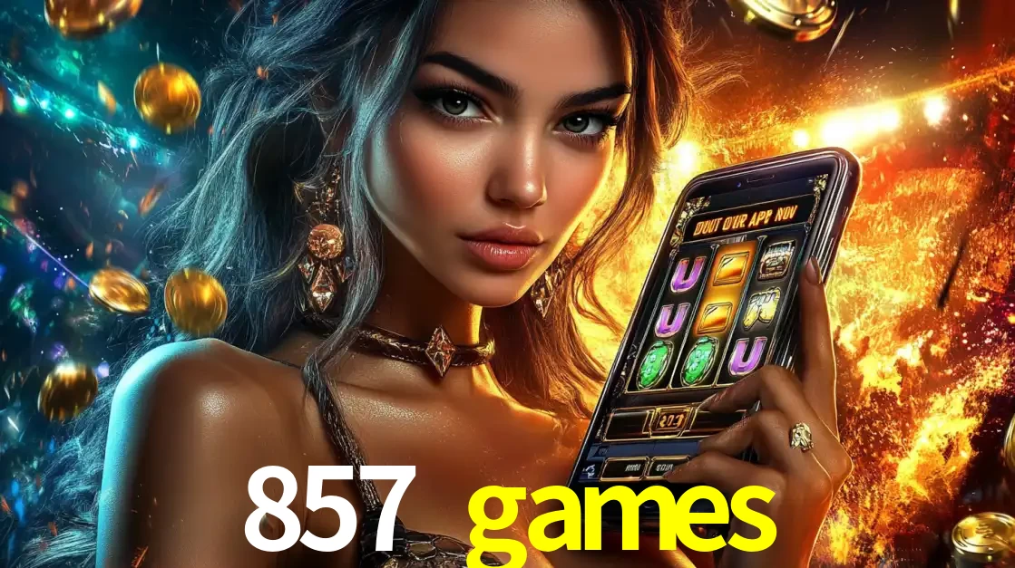 Mulher elegante mostrando um jogo de caça-níqueis em seu smartphone, destacando a experiência de cassino móvel oferecida pelo aplicativo 857 games.