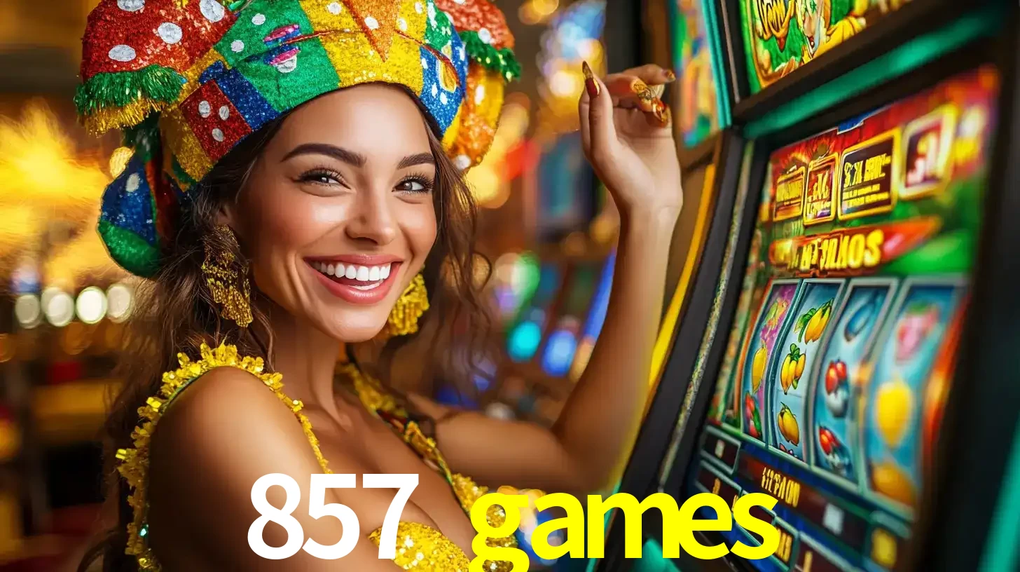Mulher feliz com traje de carnaval amarelo e colorido ao lado de uma máquina de caça-níqueis, aproveitando a diversão e os jogos temáticos do cassino 857 games.