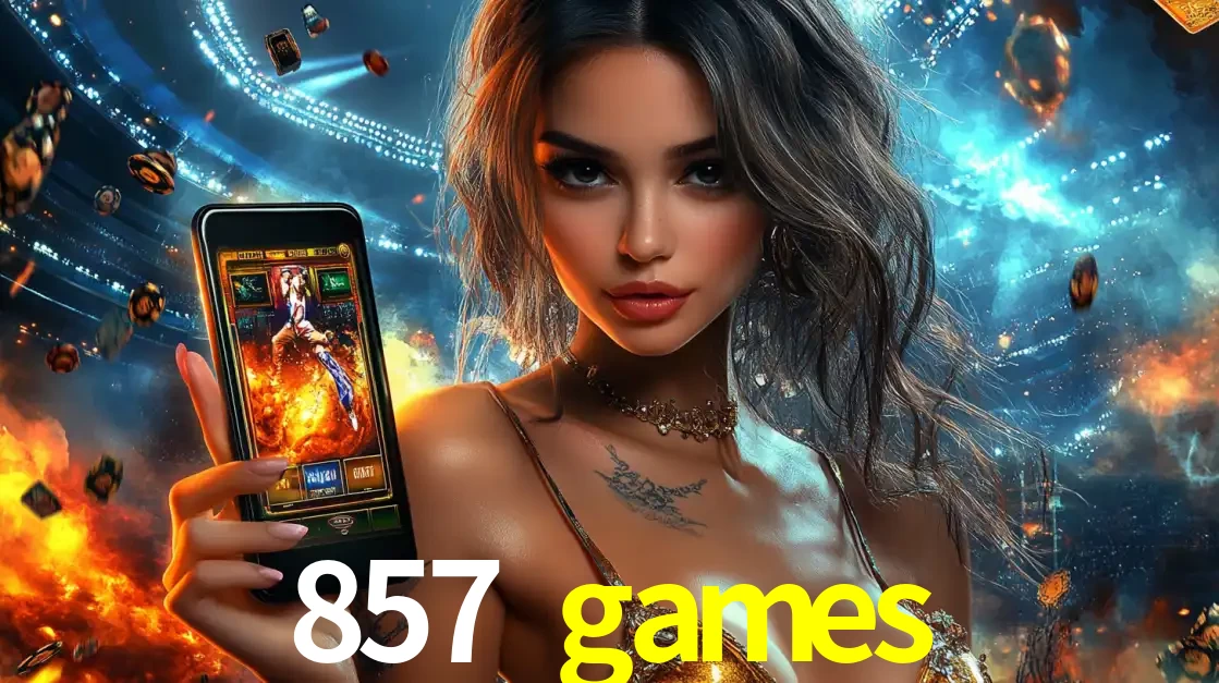 Mulher segurando um celular com um jogo de slot em destaque, tendo como fundo um estádio vibrante, simbolizando a emoção de jogar no cassino móvel 857 games.